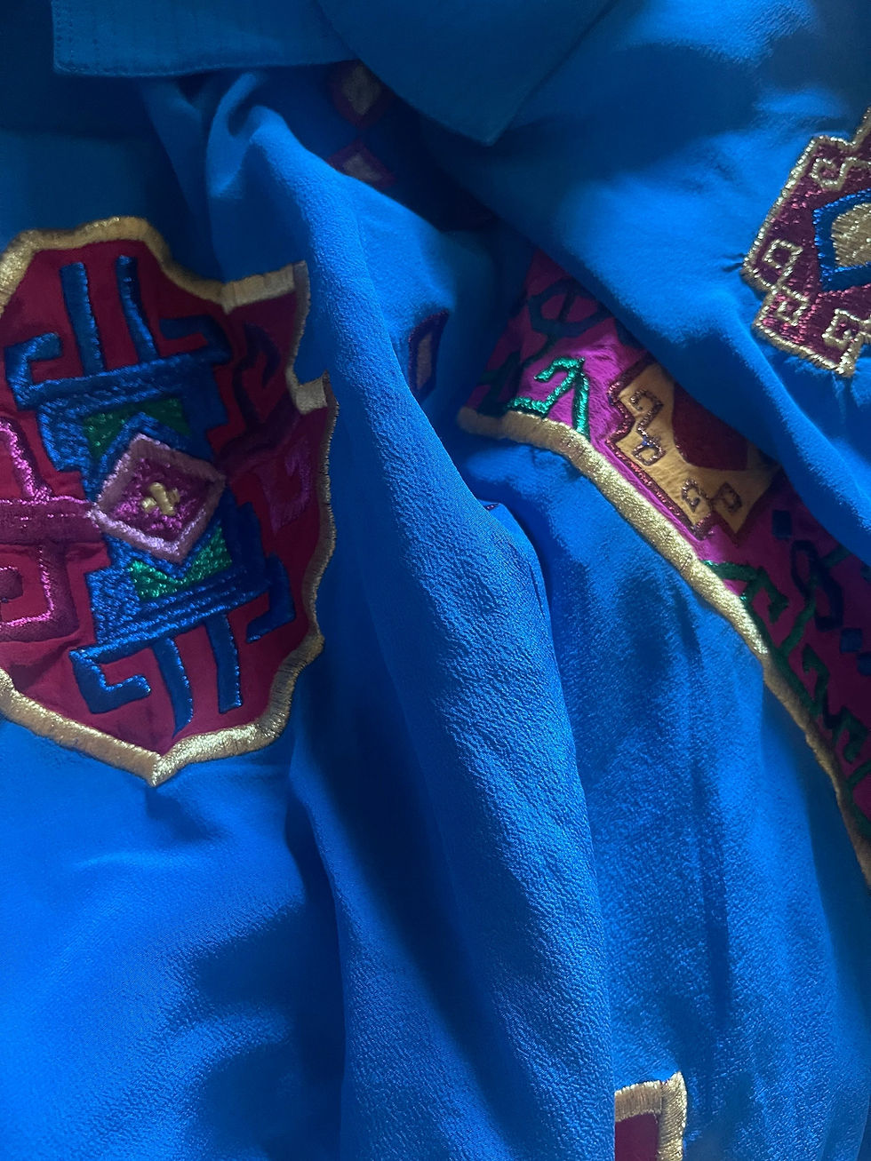 Thumbnail: Vintage Adam Douglass Adrianna Papell Blue Silk Embroidered Patchwork Jacket