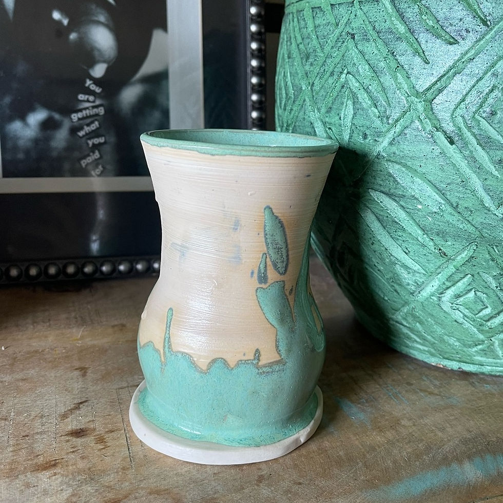 Thumbnail: Vintage 1960s Collectible Ceramic Stoneware Teal Beige Swirl Glazed Vase 6”