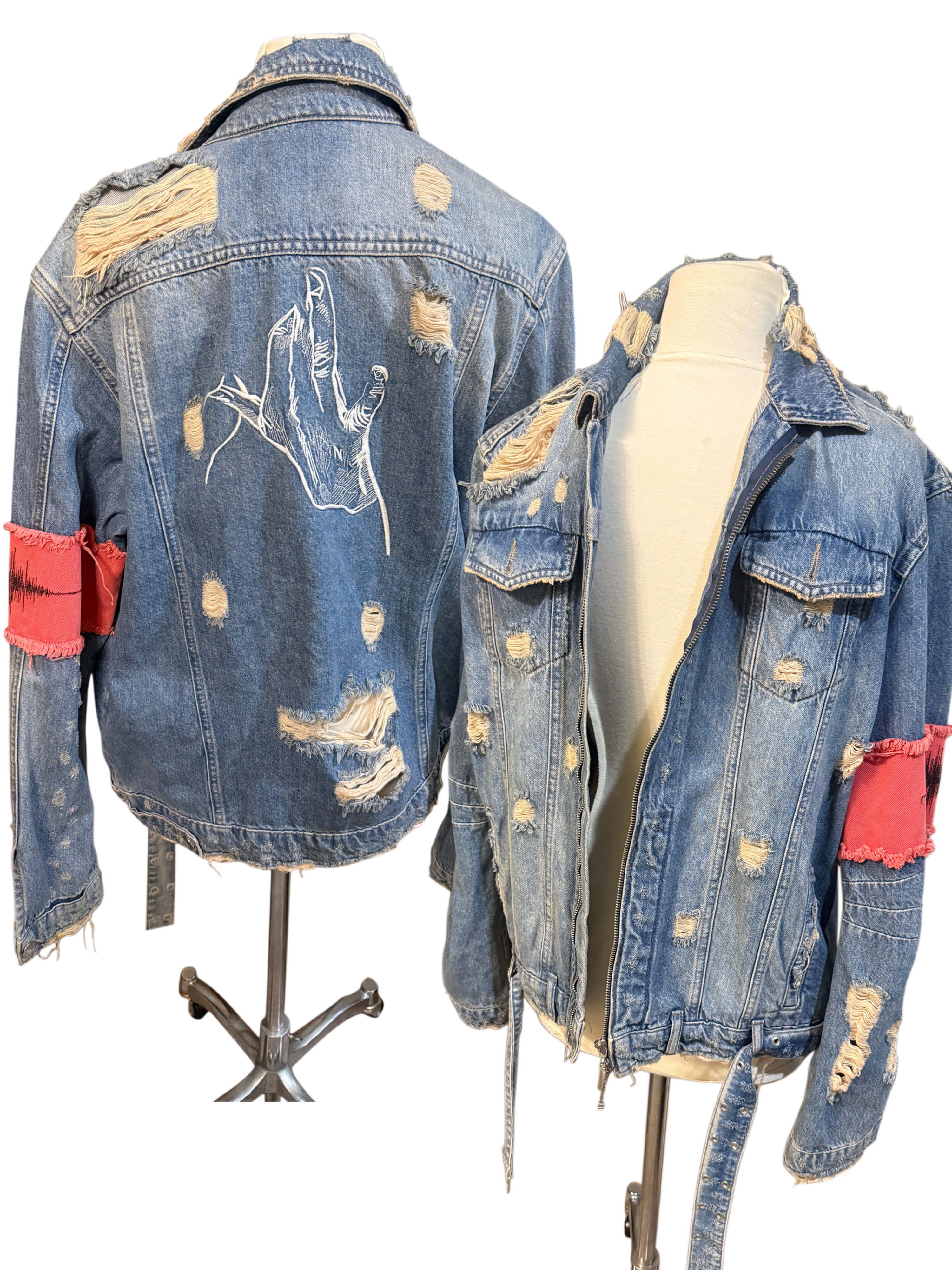 Designer art to wear Jaffary Men’s unisex Distressed Denim Jacket Blue XL Zip Up