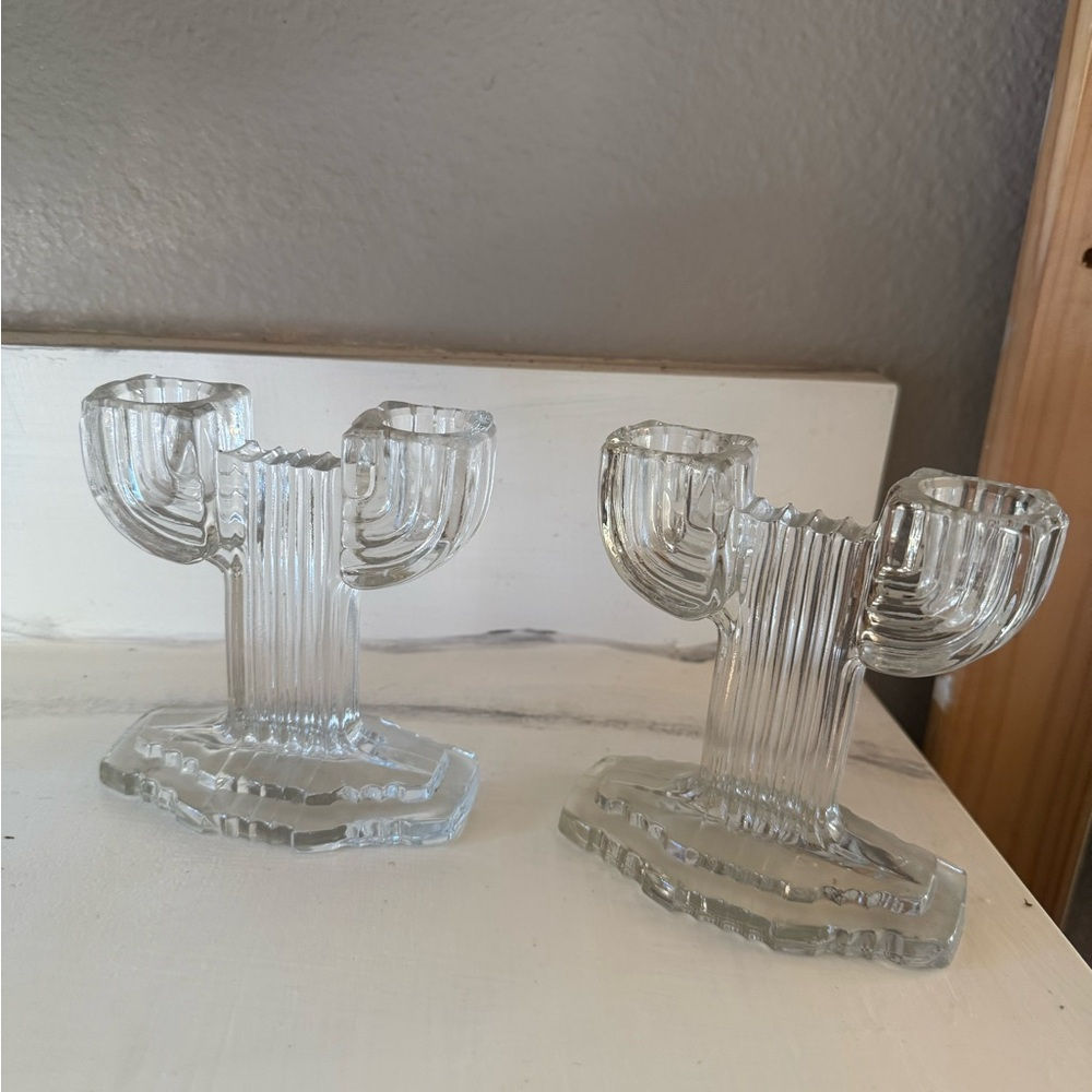 Vintage Pair of Early 20th Century Art Deco Candle Holders Clear Glass Cactus