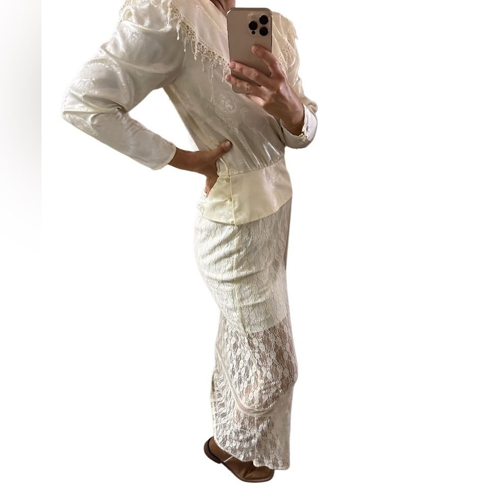 Thumbnail: Vintage Super RARE Gunne Sax White Satin Ruffled Button Top Cream Lace Trim