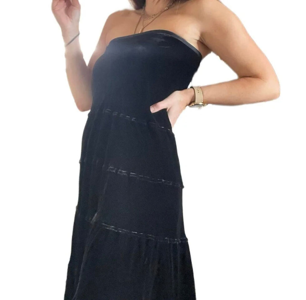 Thumbnail: Margaret O’ Leary Ruffled silk tiered Front Smocked Black velvet midi dress