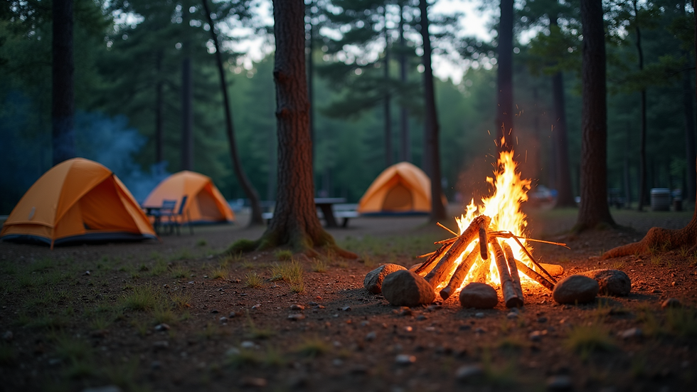 Close-up view of a campsite with tents and campfire at Garner State Park