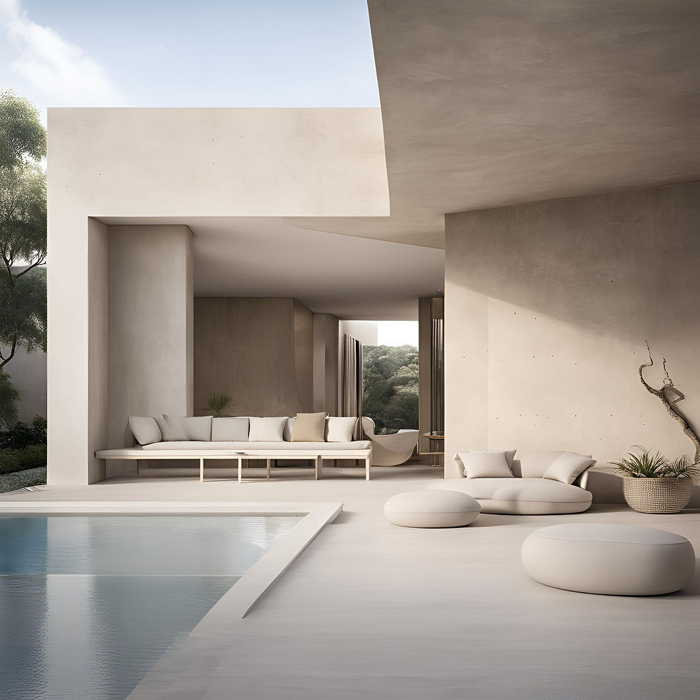 High-end, luxurious concrete interior design from a outside area of a villa, with beige an