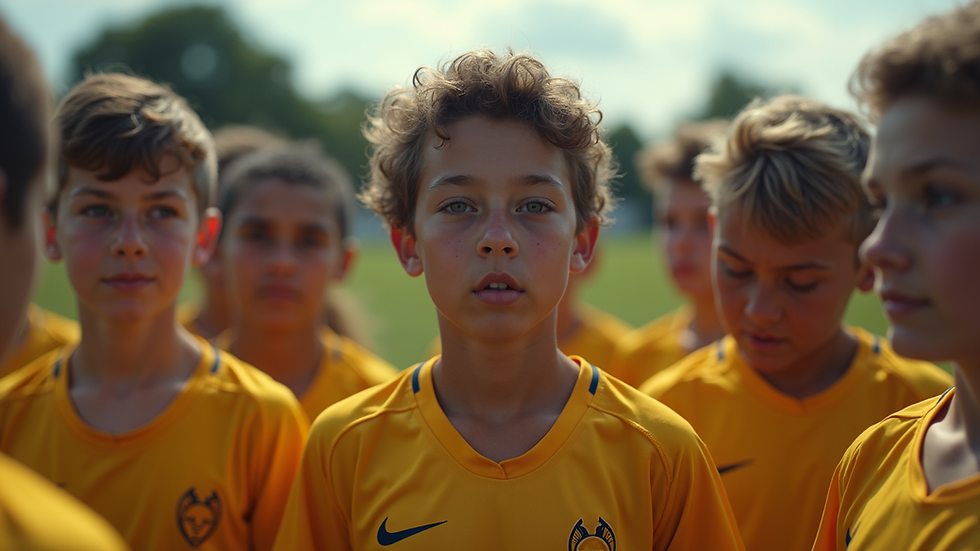 Eye-level view of a young athlete leading a team huddle