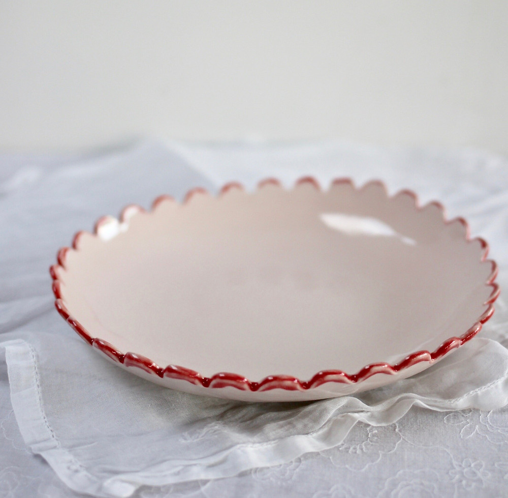 Shallow Serving Bowl Pink with Red Daisy Rim