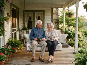 Elderly couple sitting on a front porch swing and drinking coffee at home.