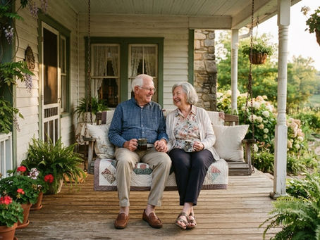 Elderly couple sitting on a front porch swing and drinking coffee at home.