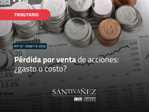Gráfico informativo de BKR Santivañez sobre la RTF N.° 05967-9-2026, que establece que la pérdida por enajenación de acciones no constituye un gasto y no debe incluirse en la prorrata de gastos comunes del Impuesto a la Renta.