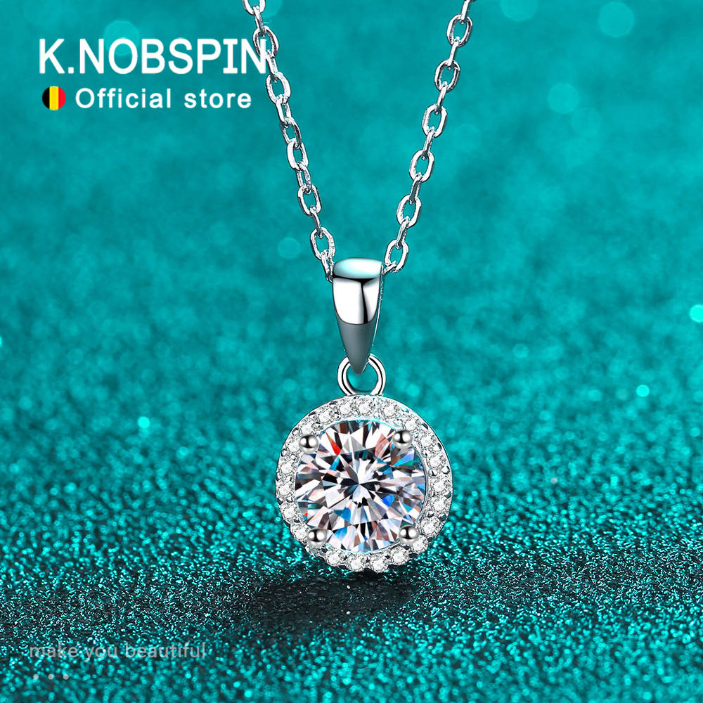 KNOBSPIN GRA Certified 1CT Moissanite Necklaces for Women 18k White Gold Jewelry