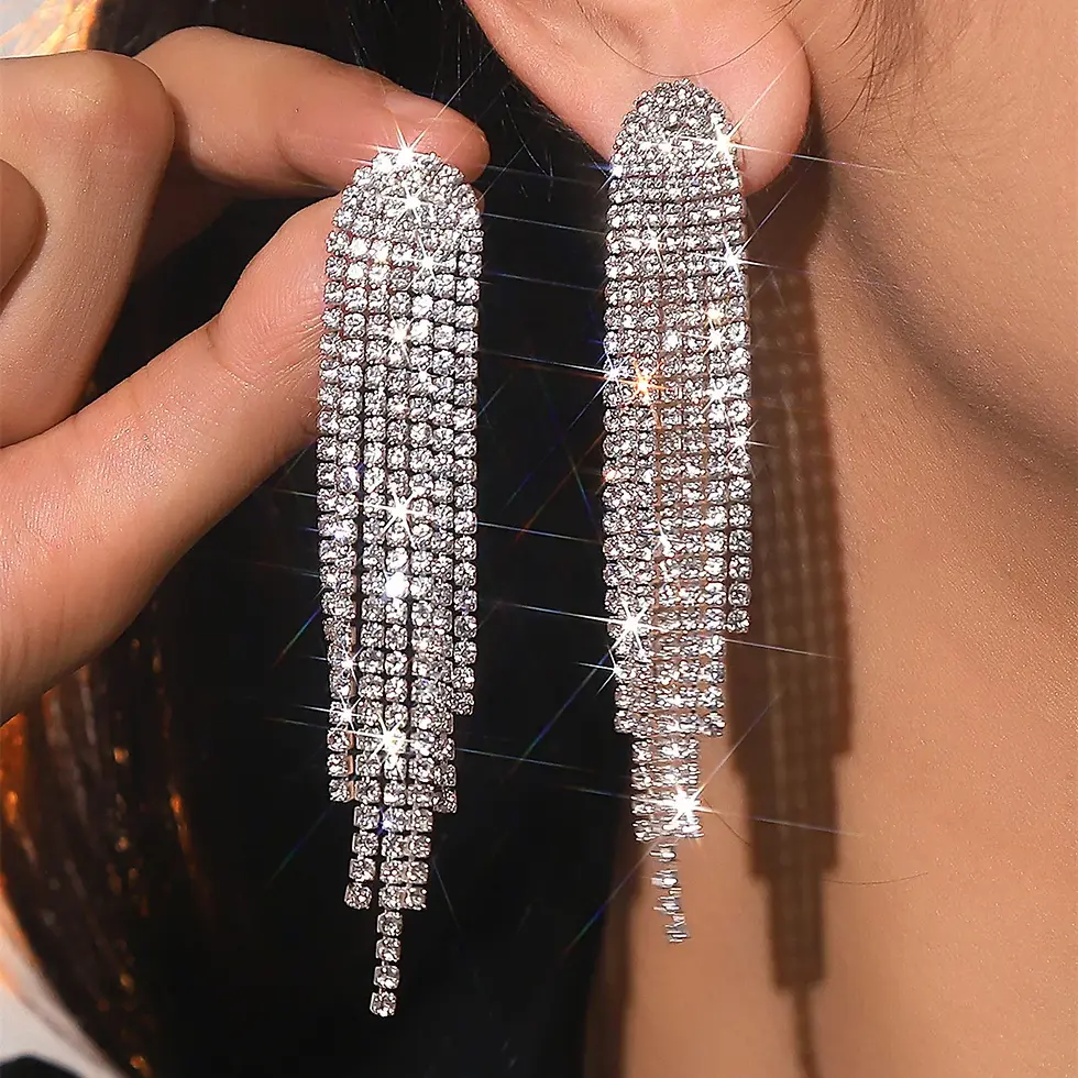 Thumbnail: Fashion Long: Tassel Drop Earrings. Black, Gold, Silver Color Rhines.