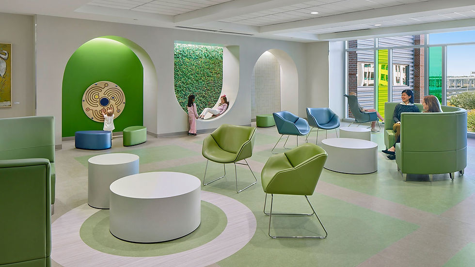modern healthcare waiting room with lots of greenery and sensory elements
