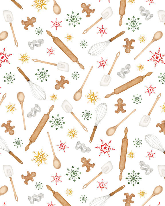 Tossed seamless pattern of baking tools, gingerbread men and snowflakes.