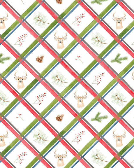 Seamless plaid pattern with woodland motifs in a festive colour palette