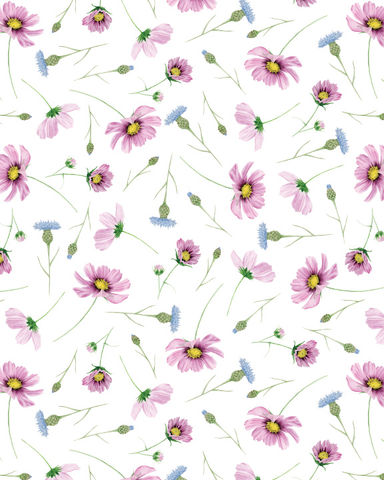 Seamless tossed pattern of Cosmos and Bachelor's Buttons