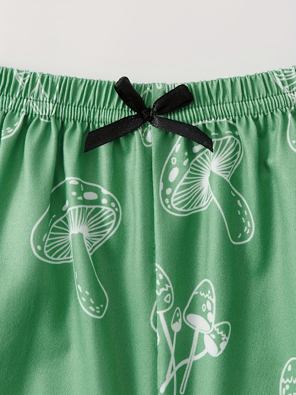 Thumbnail: Cute Mushroom Cartoon Print Lettuce Trim Cami Top And Shorts Cute Pajama Set, Wo