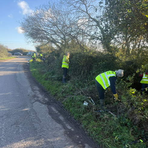 Volunteers trimming the front of Sheepwash pond