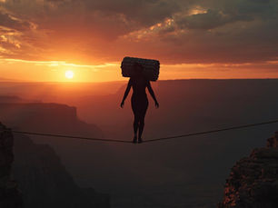 A person walking on a tightrope with a large load on their back