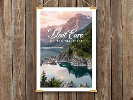 Nature photography poster of a mountain lake landscape, hanging on a rustic wooden wall using a natural wood frame and rope for a minimalist, eco-friendly display.