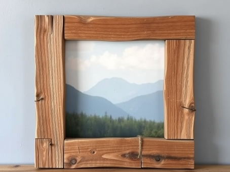 Handmade rustic wood frame displaying a nature photo, showcasing a DIY craft project with a natural, vintage style.