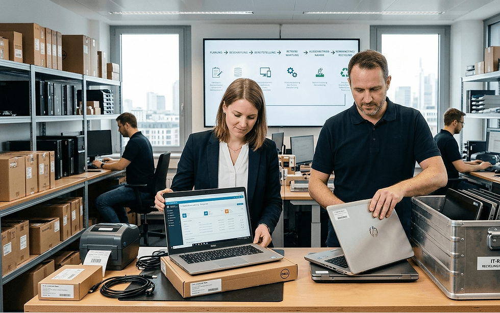 Mitarbeiter in einer professionellen IT-Umgebung bearbeiten neue Laptops und entsorgen Altgeräte, während ein Bildschirm im Hintergrund die Stufen des IT-Lifecycle Management (Planung, Beschaffung, Recycling) auf Deutsch visualisiert.