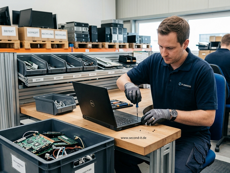 Ein IT-Techniker demontiert sorgfältig einen Laptop an einem aufgeräumten Arbeitsplatz in einem deutschen IT-Recycling-Betrieb.