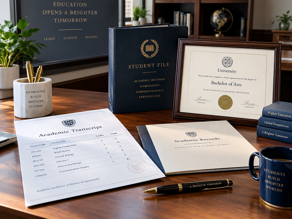 University degree, transcript, and student file on a desk.
