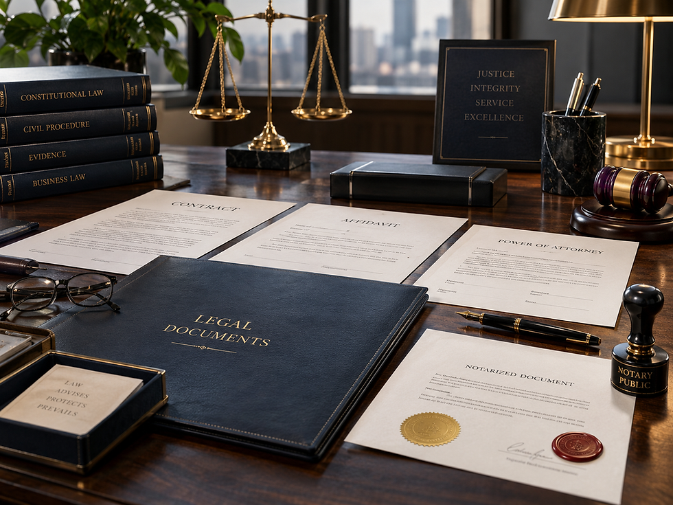 Legal documents and scales of justice on a wooden desk