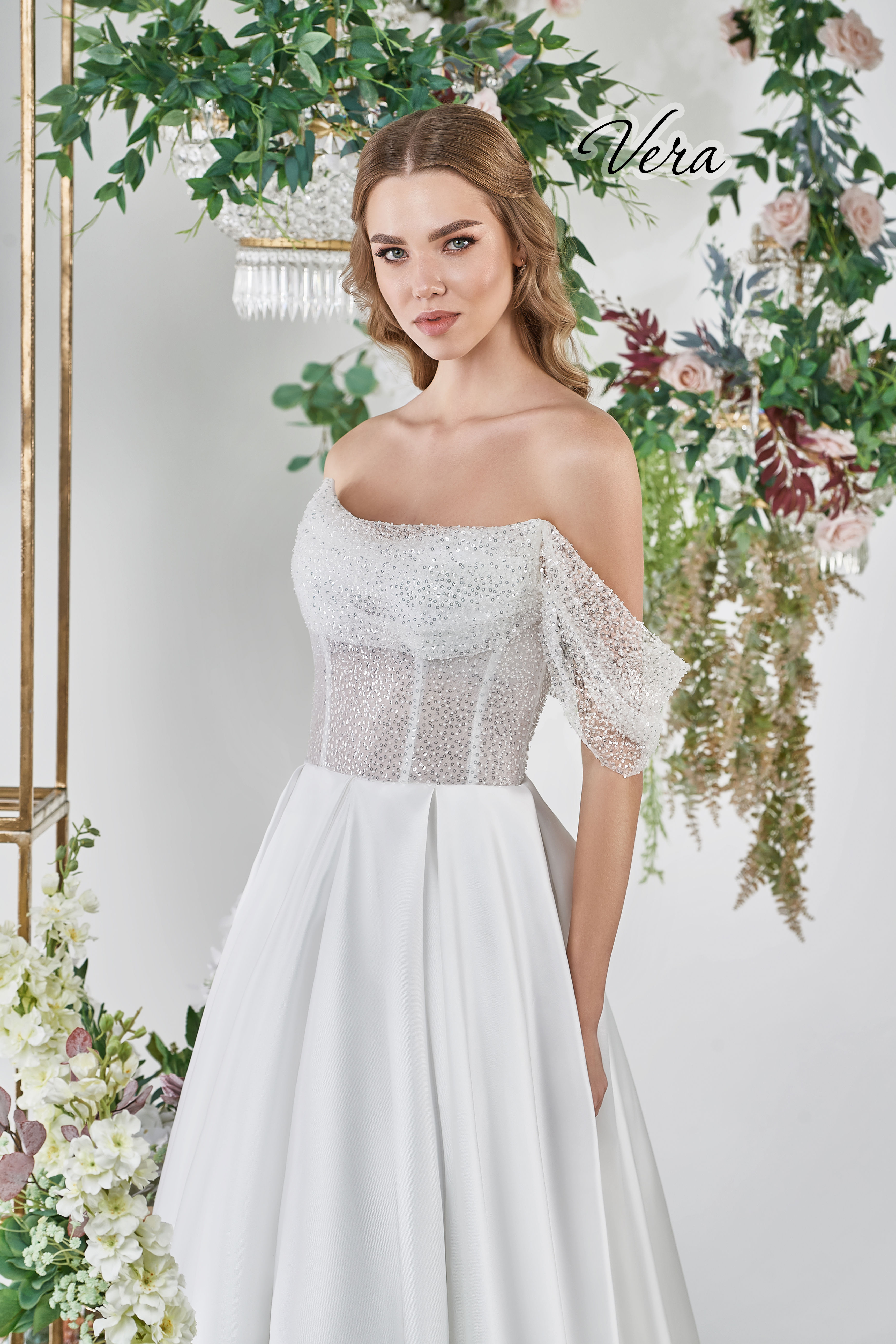 White Orchid Bridal | Vera | Front View | A-Line | Satin | Beaded Bodice