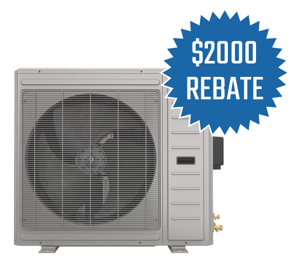 heat pump with blue badge in front of it that says $2000 rebate