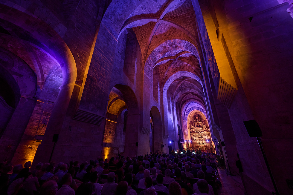 ancora una immagine della chiesa illuminata da luci evocative durante la prima esecuzione integrale dell'opera di Bernat Vivancos