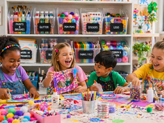 Kids crafting at a messy craft table