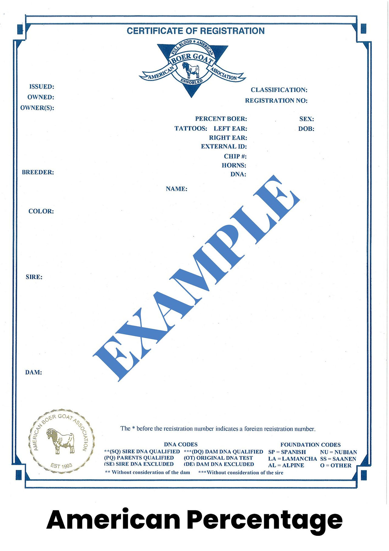 ABGA American Percentage certificate example.