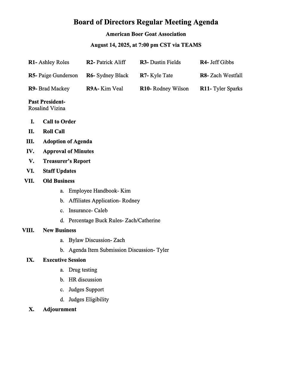 Board of Directors meeting agenda for American Boer Goat Association on July 24, 2025, via TEAMS. Lists members, topics, and schedule.