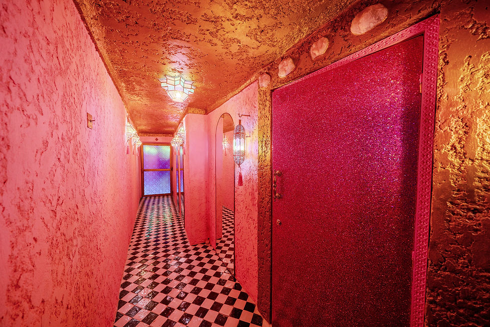 Entrance hall with black and white zellige floor at Starseed House Marrakech
