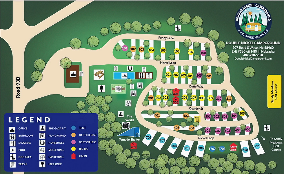 Site Map of the Double Nickel Campground.  It shows the location of the store to the East, the interstate to the North.  The Sandy Meadows Golf course to the west.  Sites are organized in row.