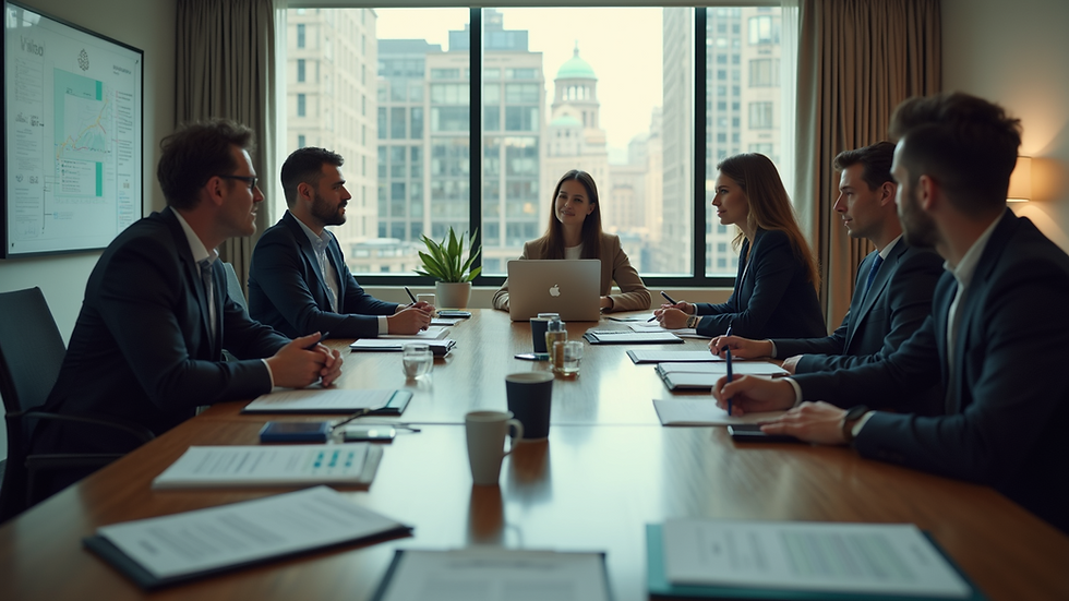 High angle view of a conference room with people engaged in strategy sessions