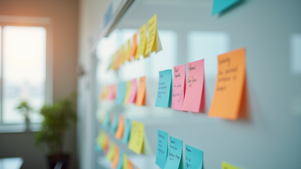 Close-up view of a whiteboard with colorful sticky notes and leadership strategy ideas