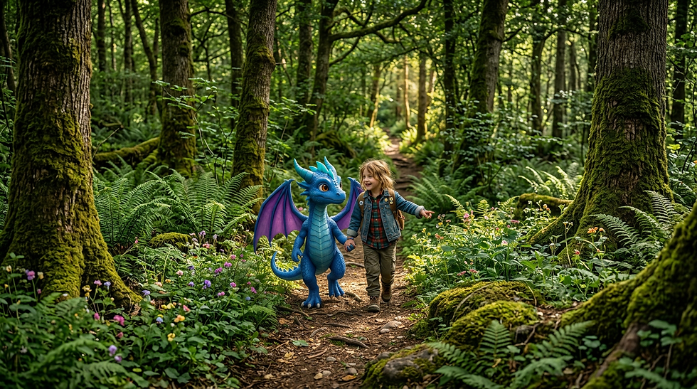Young child walking through a lush forest alongside a friendly blue dragon, surrounded by trees and wildflowers.
