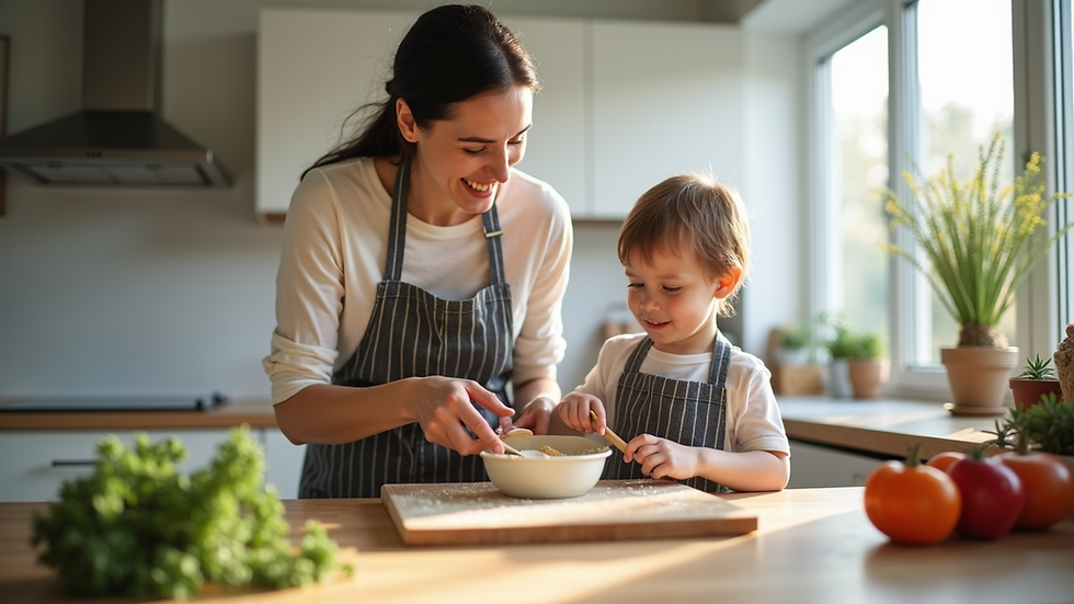 Eye-level view of a parent and child baking together in a bright kitchen