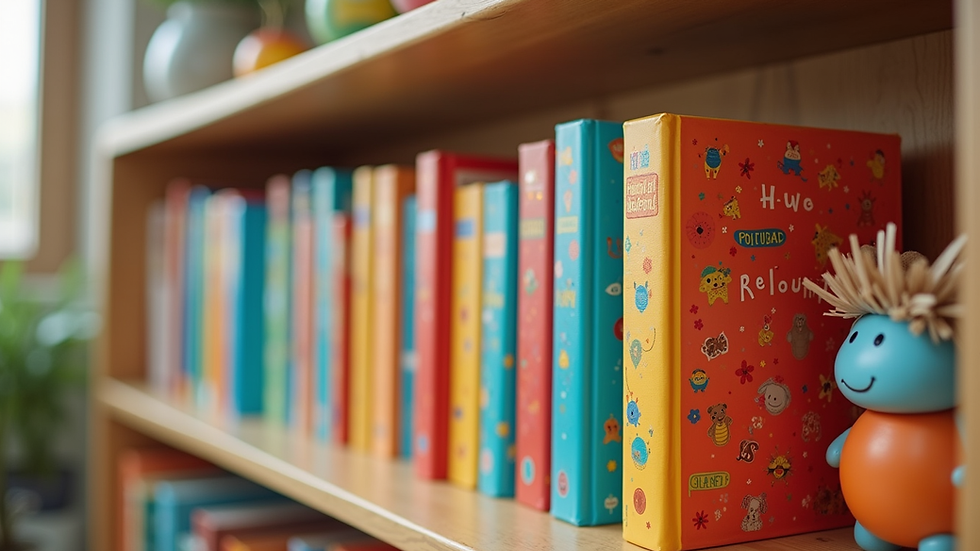 Eye-level view of colourful children's books arranged on a wooden shelf