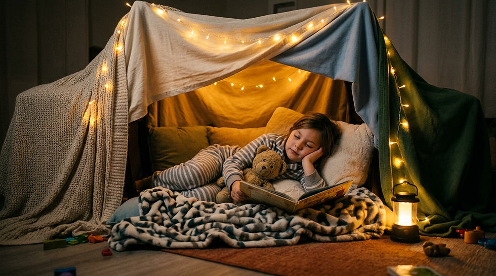 Child reading a book inside a cosy blanket fort illuminated by fairy lights and a lantern.
