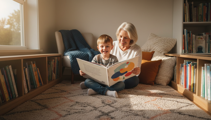 Wide-angle view of a child proudly holding up a picture book during story time at home.