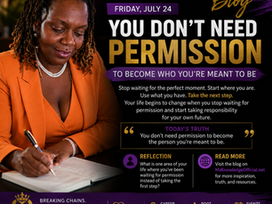 Andrea "MsKnowledge" Gatson writing in a journal with the message, "You Don't Need Permission to Become Who You're Meant to Be," promoting the MsKnowledge Official Friday blog.