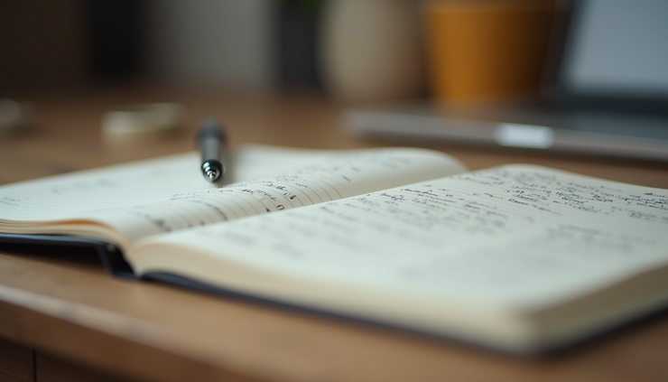 Eye-level view of an open journal with handwritten notes and a pen