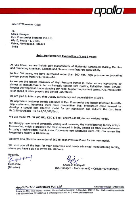 Appolo Performance Certificate presented to PressureJet
