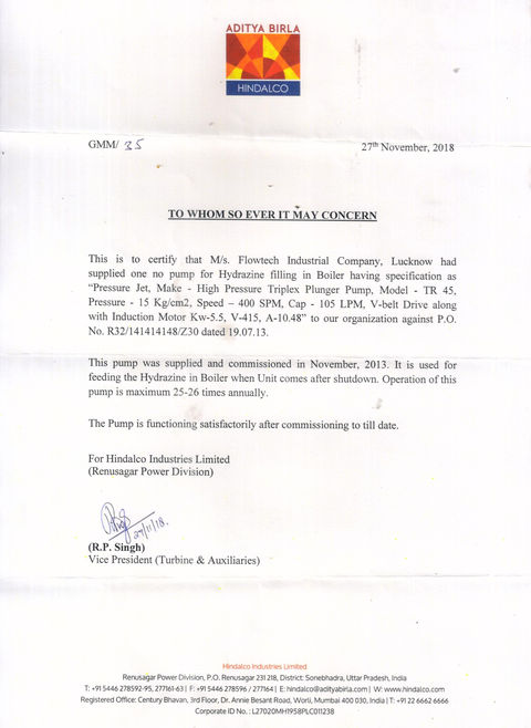 Hindalco Industries Limited Performance Certificate presented to PressureJet