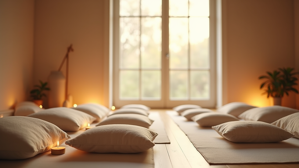 Eye-level view of a peaceful meditation space with cushions and soft lighting