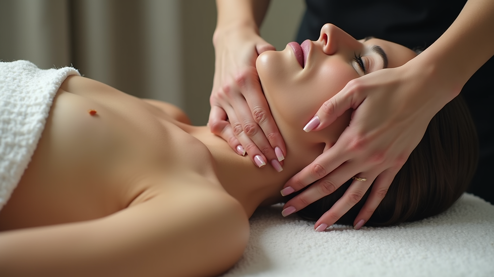 Close-up view of a therapist’s hands gently stretching a client’s neck during a massage