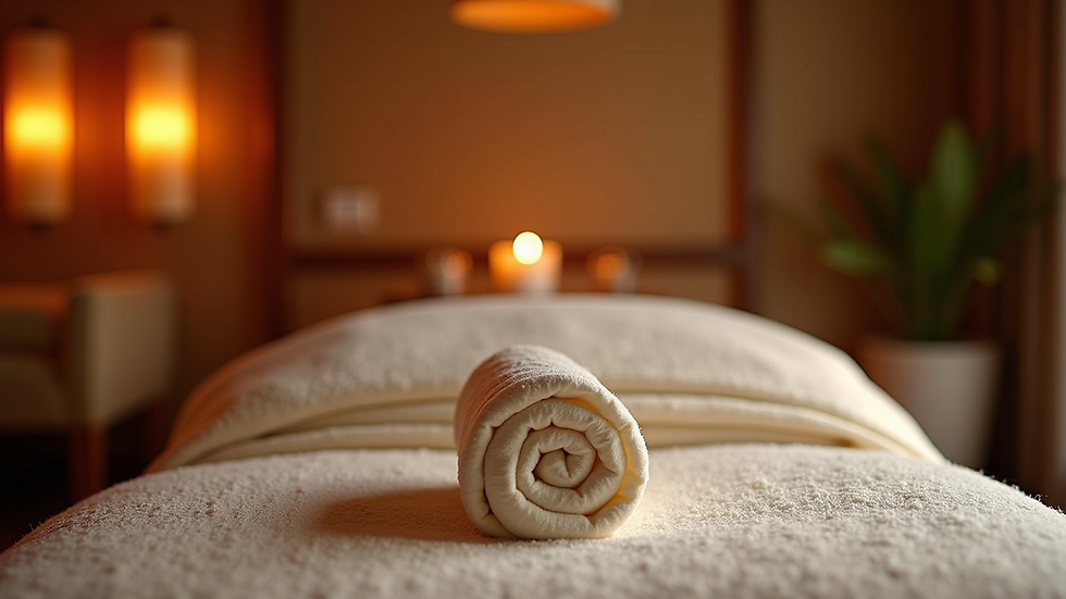 Eye-level view of a serene massage room with traditional Thai decor